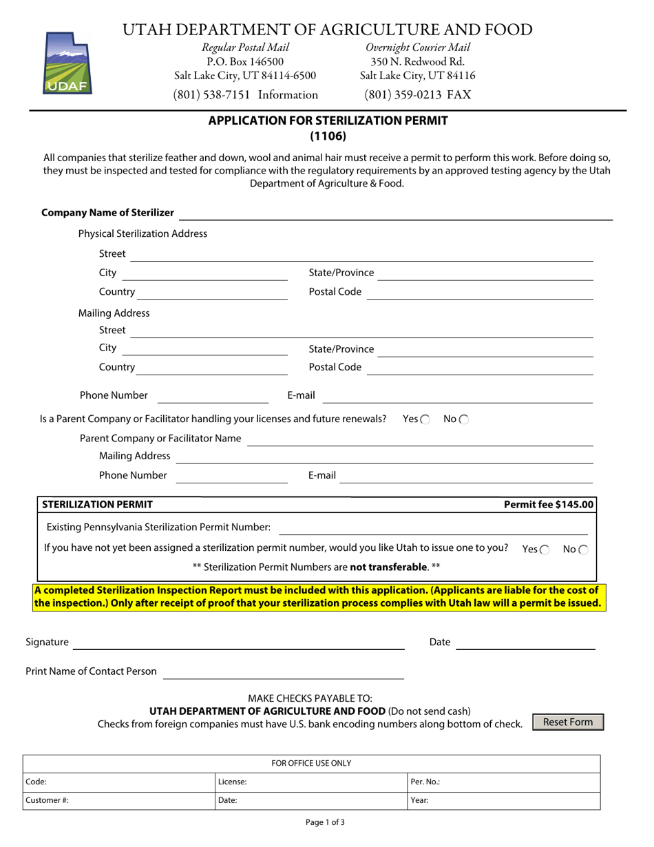 Application for Sterilization Permit (1106) - Utah, Page 1
