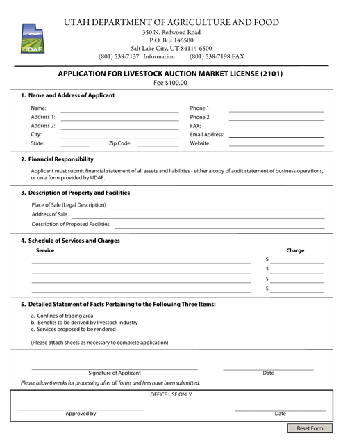 Application for Livestock Auction Market License (2101) - Utah Download Pdf
