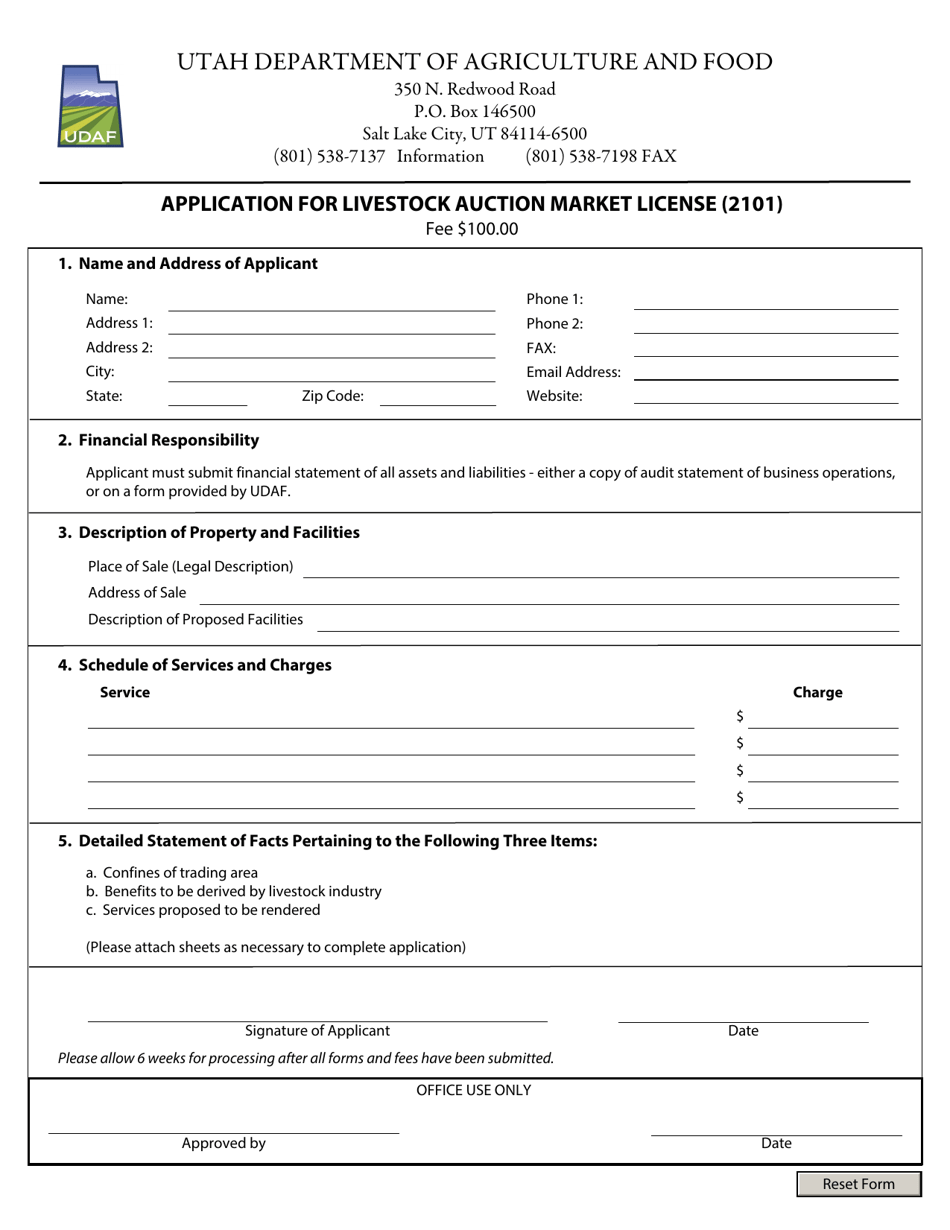 Application for Livestock Auction Market License (2101) - Utah, Page 1