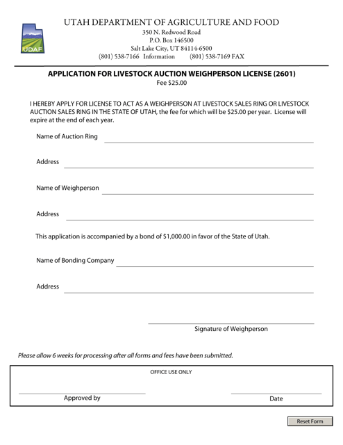 Application for Livestock Auction Weighperson License (2601) - Utah