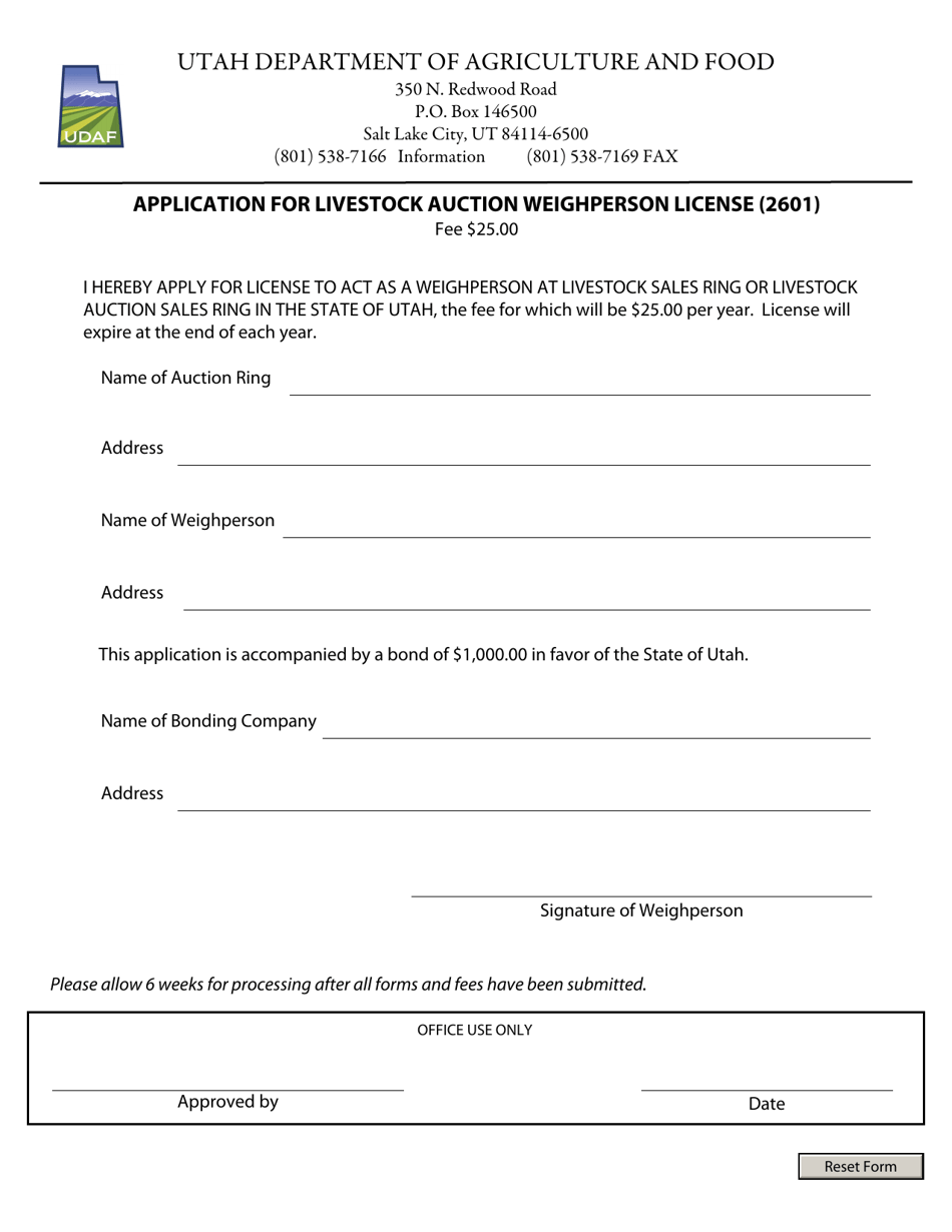 Application for Livestock Auction Weighperson License (2601) - Utah, Page 1