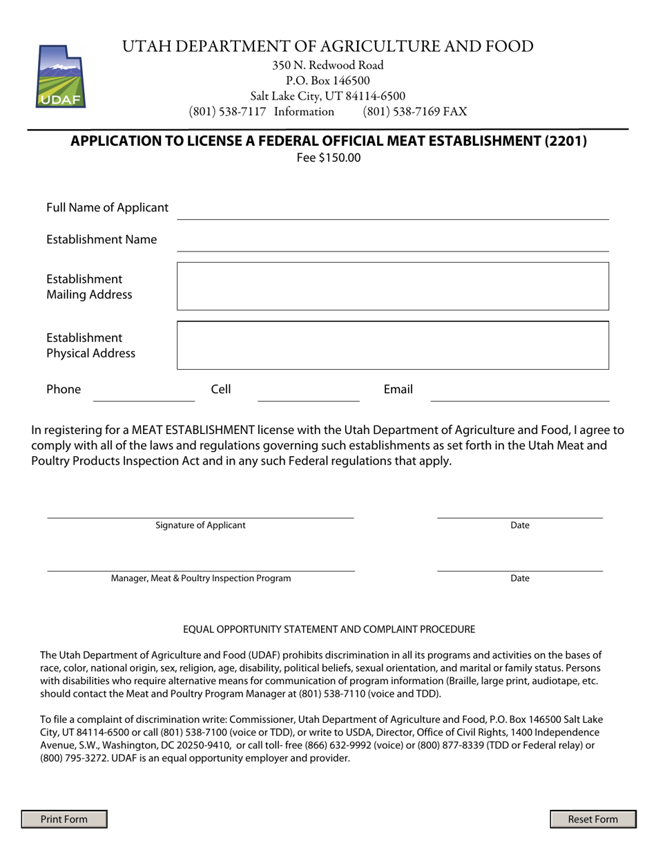 Utah Application to License a Federal Official Meat Establishment (2201 Sns-Brigh10