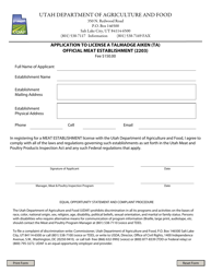 Document preview: Application to License a Talmadge Aiken (Ta) Official Meat Establishment (2203) - Utah