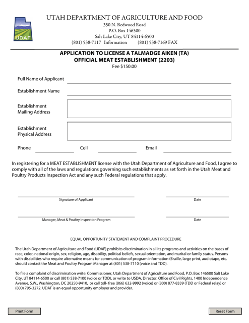 Application to License a Talmadge Aiken (Ta) Official Meat Establishment (2203) - Utah Download Pdf