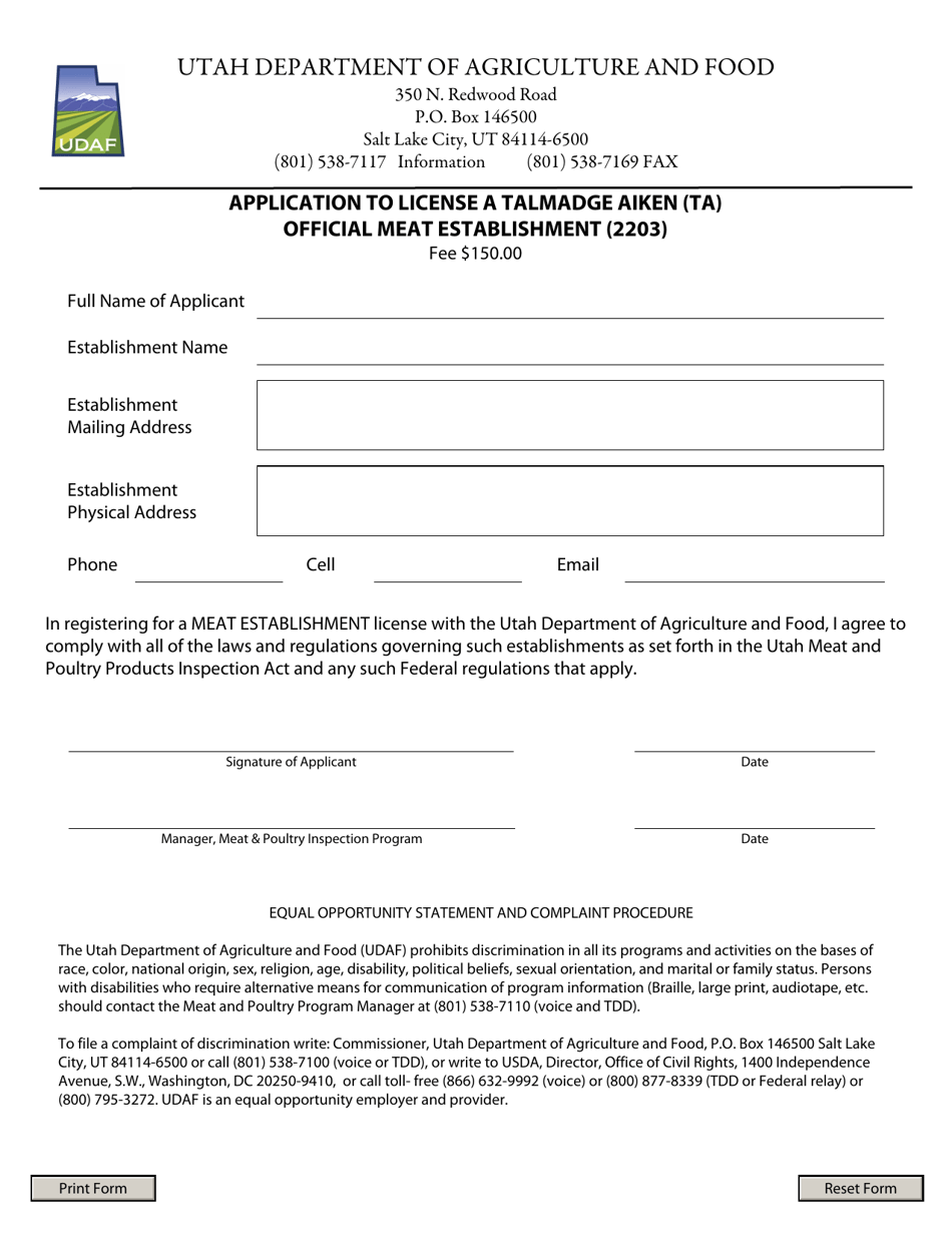 Application to License a Talmadge Aiken (Ta) Official Meat Establishment (2203) - Utah, Page 1
