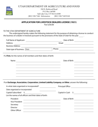 Document preview: Application for Livestock Dealers License (1921) - Utah