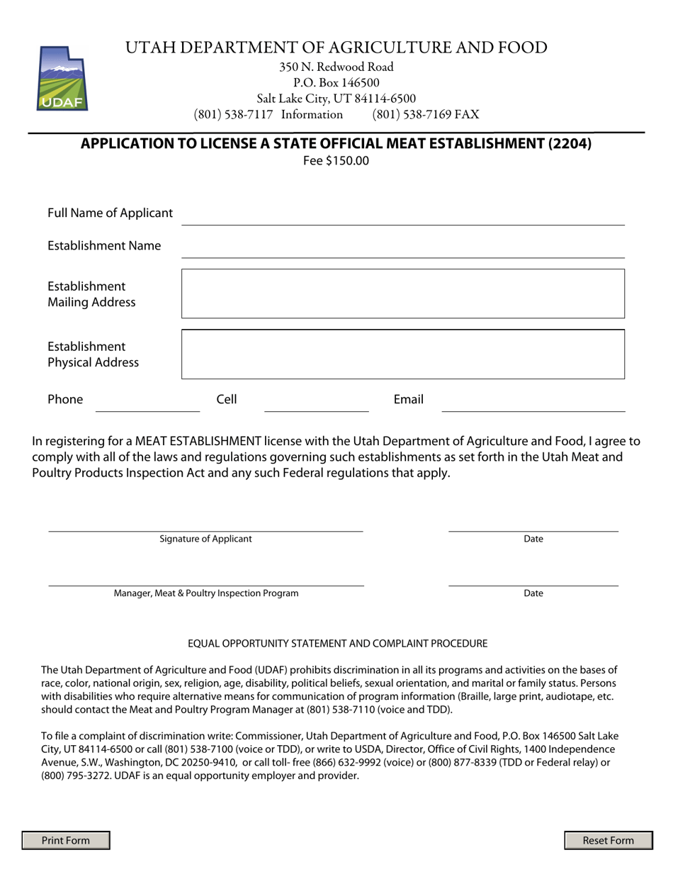 Application to License a State Official Meat Establishment (2204) - Utah, Page 1