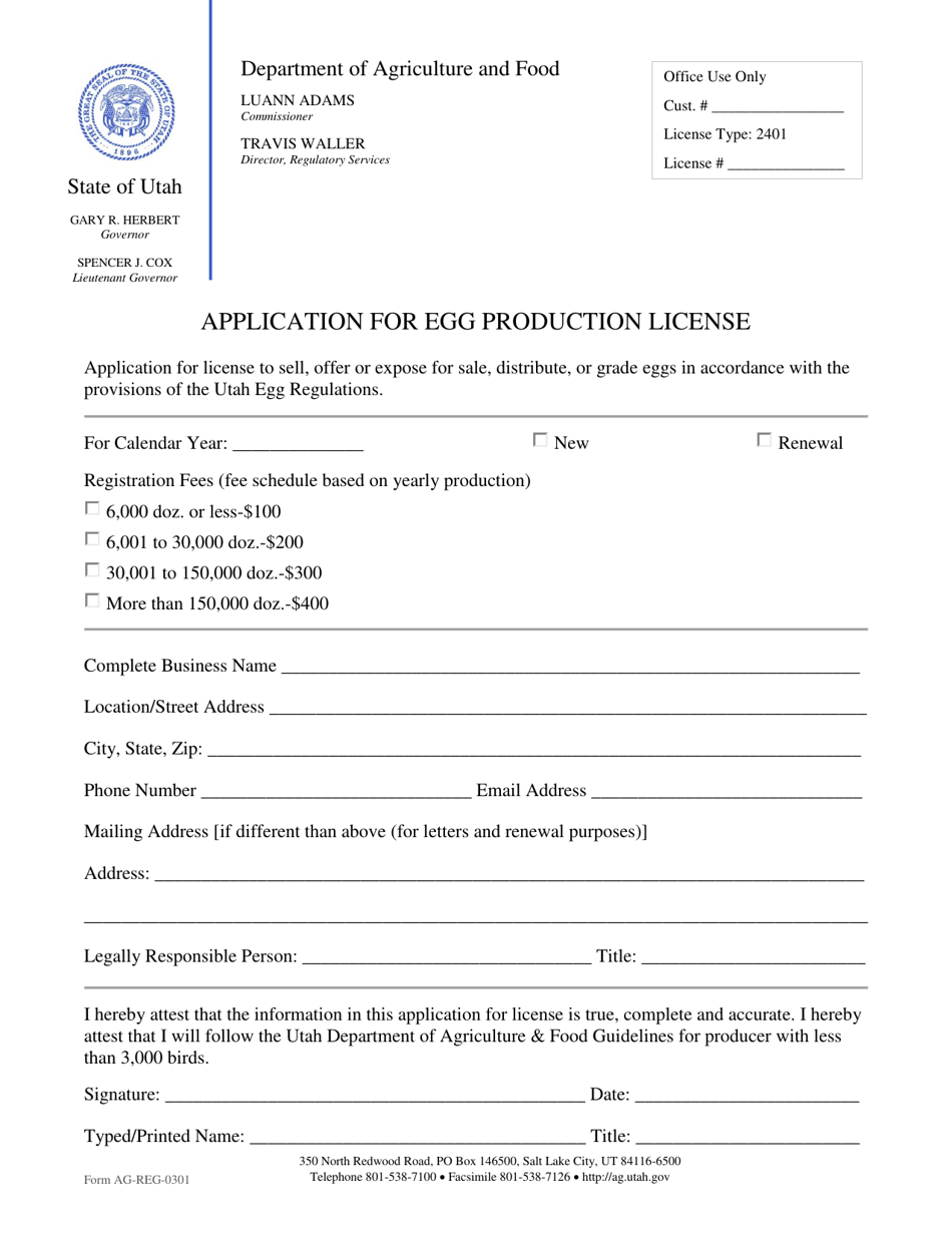 Form AG-REG-0301 Application for Egg Production License - Utah, Page 1