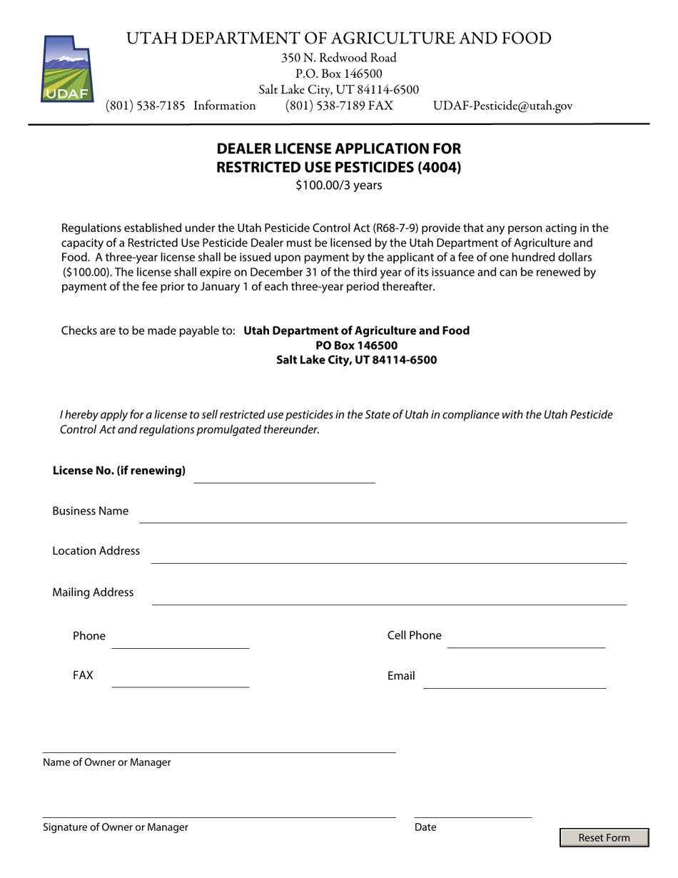 Dealer License Application for Restricted Use Pesticides (4004) - Utah, Page 1
