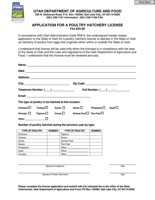 Application for a Poultry Hatchery License - Utah Download Pdf