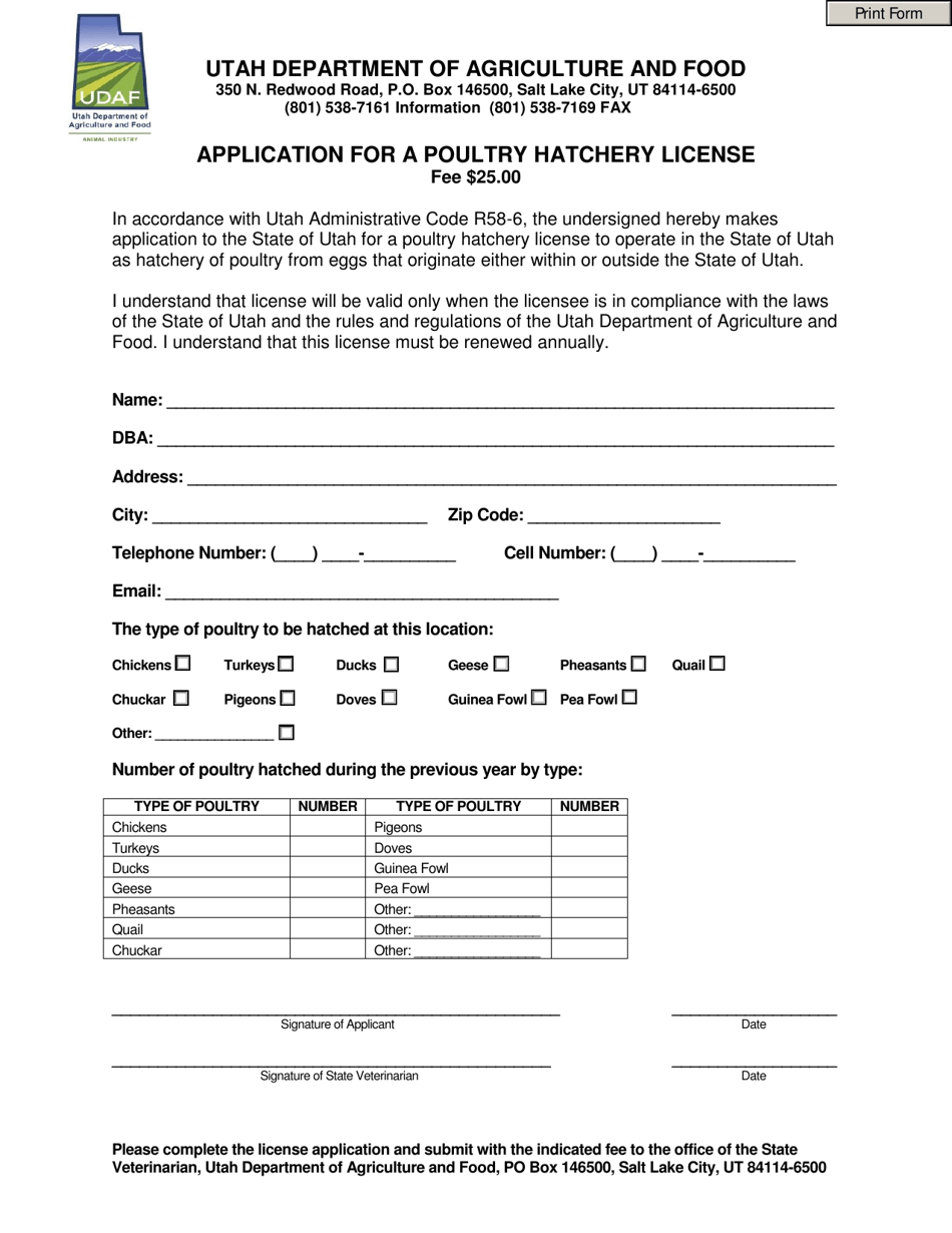Application for a Poultry Hatchery License - Utah, Page 1