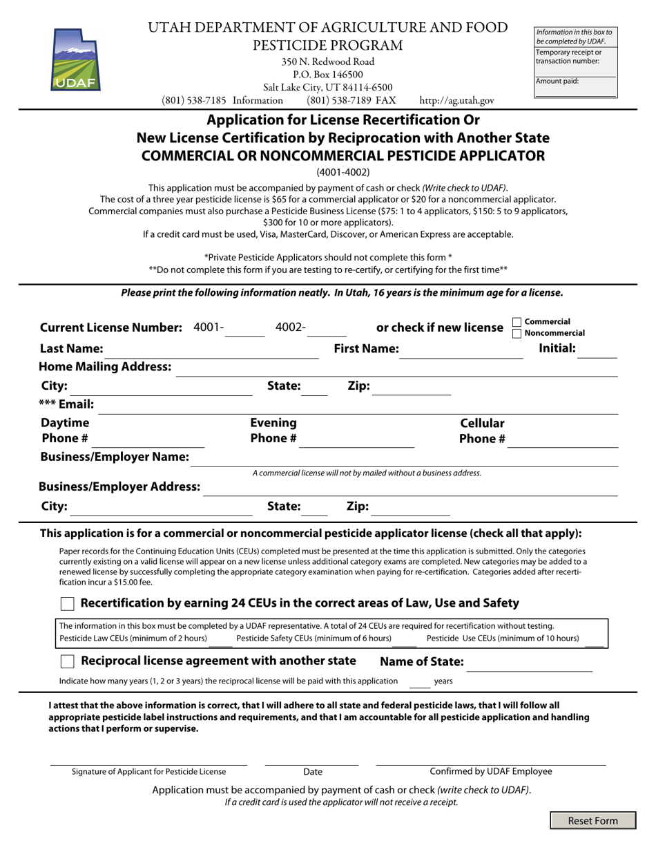 Utah Application for License Recertification or New License