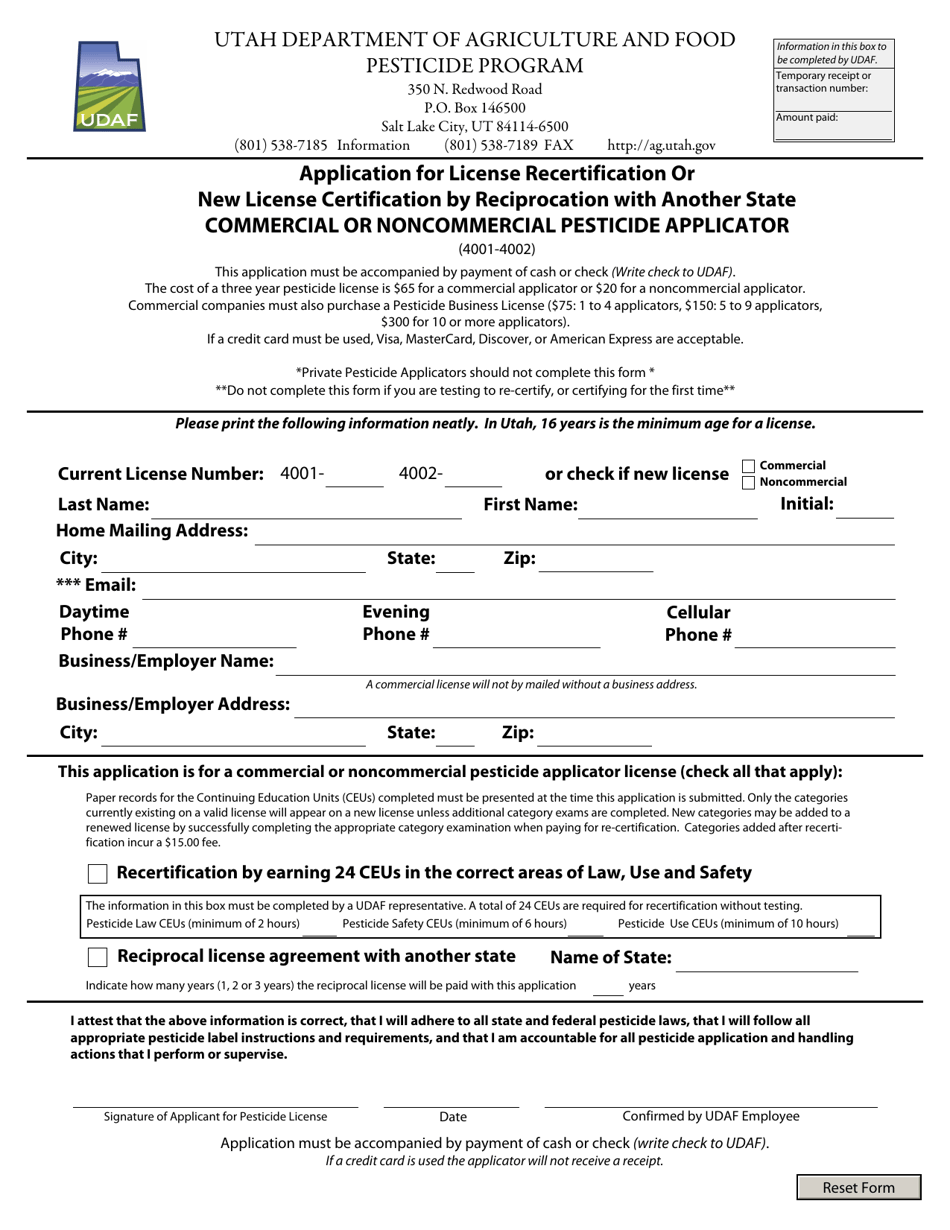 Application for License Recertification or New License Certification by Reciprocation With Another State - Commercial or Noncommercial Pesticide Applicator - Utah, Page 1