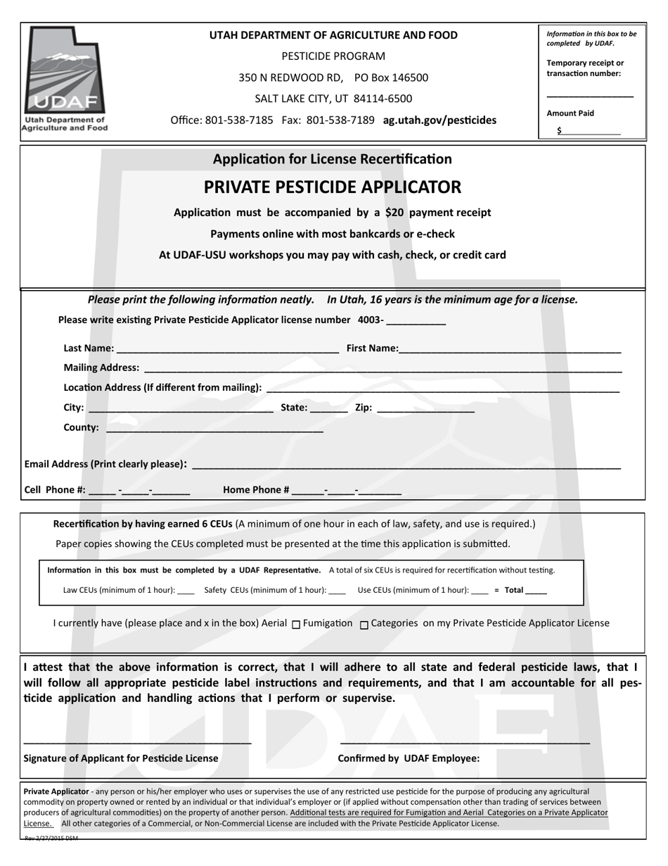 Application for License Recertification - Private Pesticide Applicator - Utah, Page 1