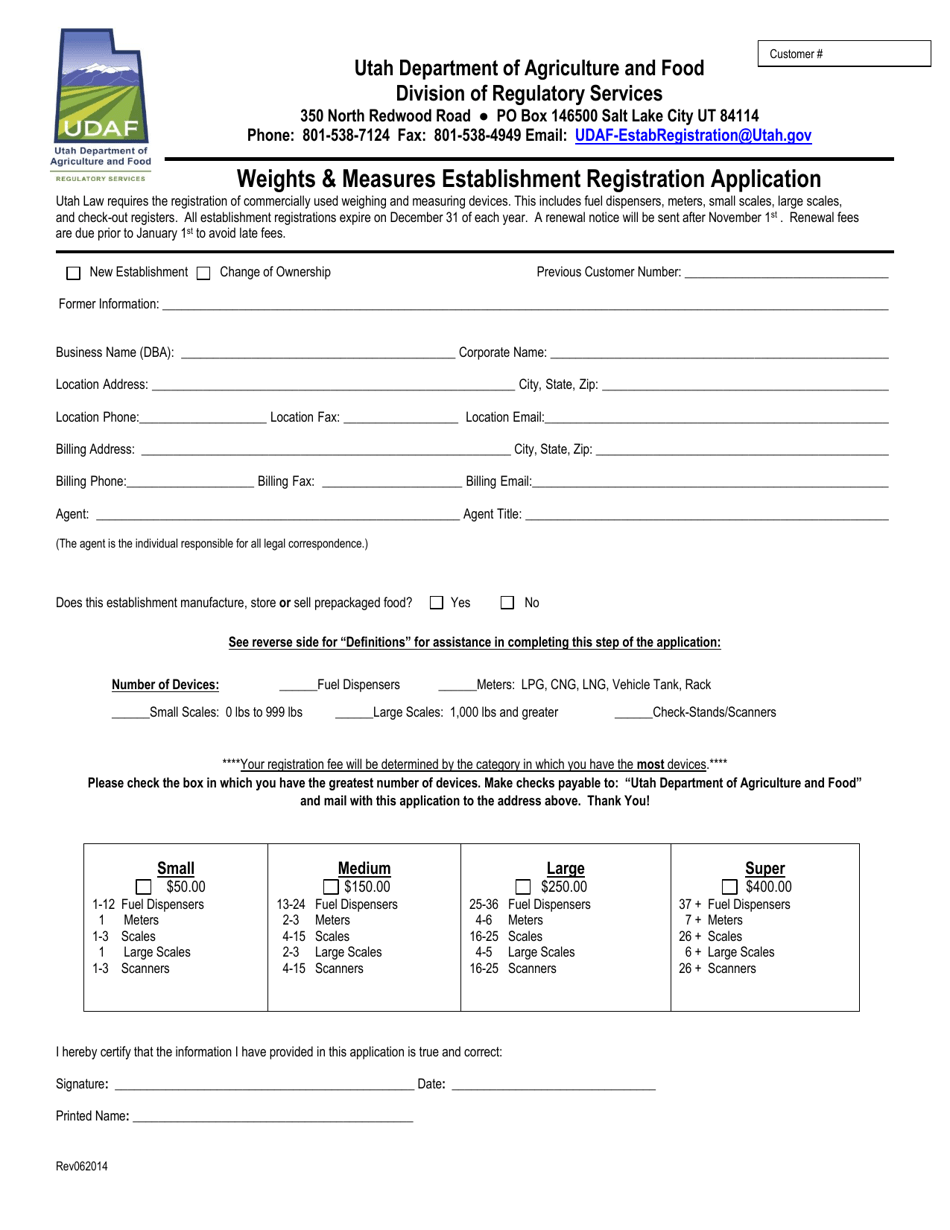 Weights  Measures Establishment Registration Application Form - Utah, Page 1