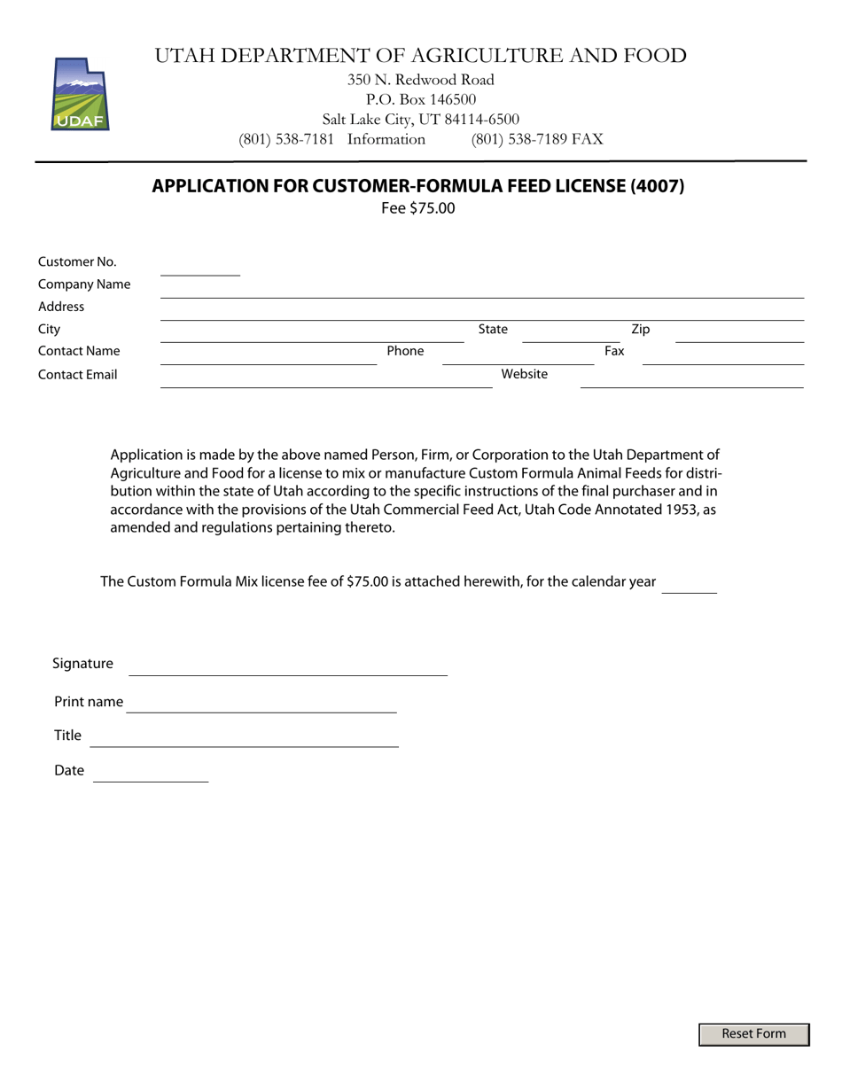 Application for Customer-Formula Feed License (4007) - Utah, Page 1
