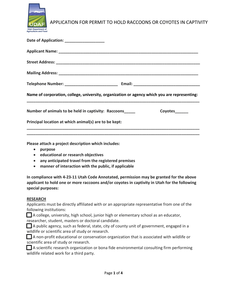 Application for Permit to Hold Raccoons or Coyotes in Captivity - Utah, Page 1