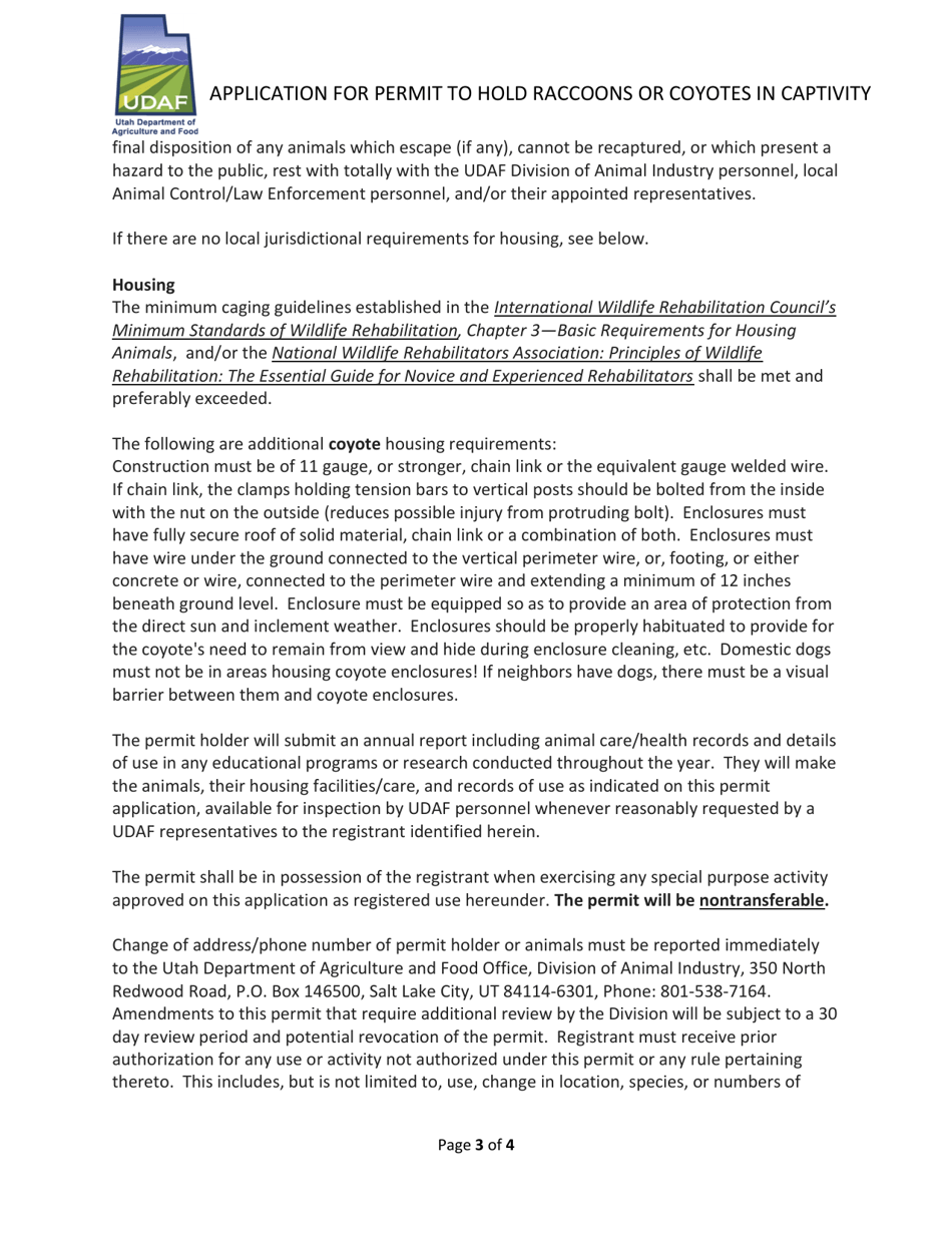 Application for Permit to Hold Raccoons or Coyotes in Captivity - Utah, Page 3