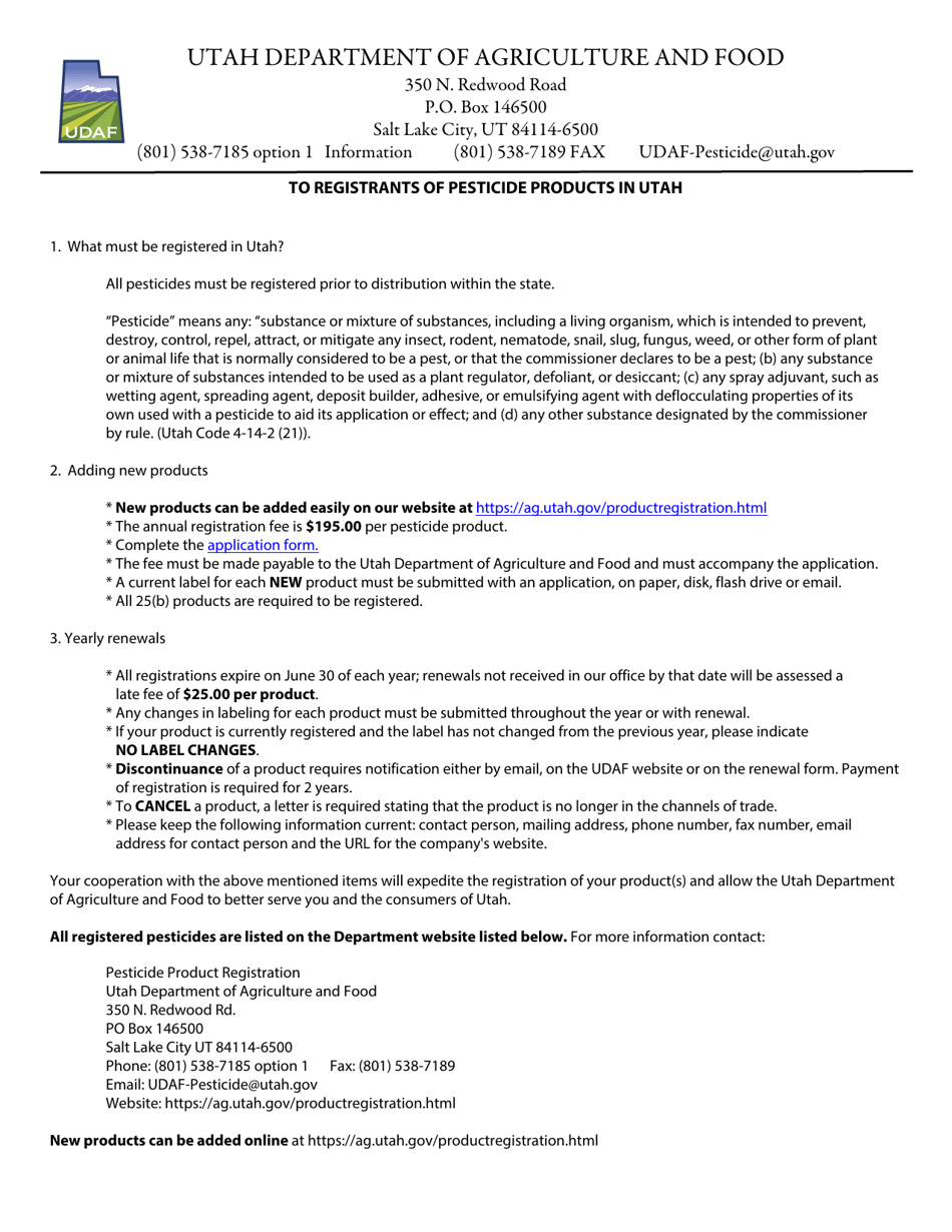 Form AG-PLT-0831 Application for Registration - Pesticide - Utah, Page 1
