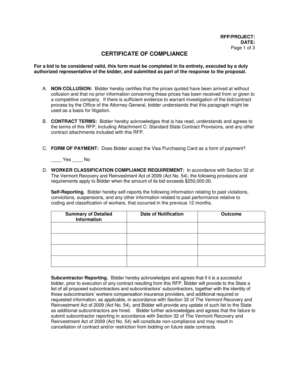 Certificate of Compliance - Vermont, Page 1