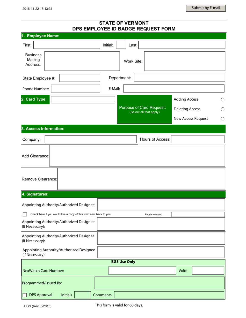 Dps Employee Id Badge Request Form - Vermont, Page 1