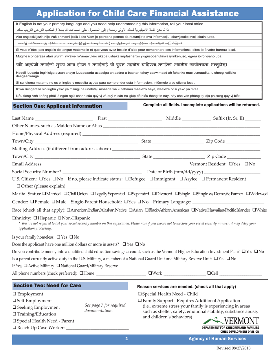 Application for Child Care Financial Assistance - Vermont, Page 1