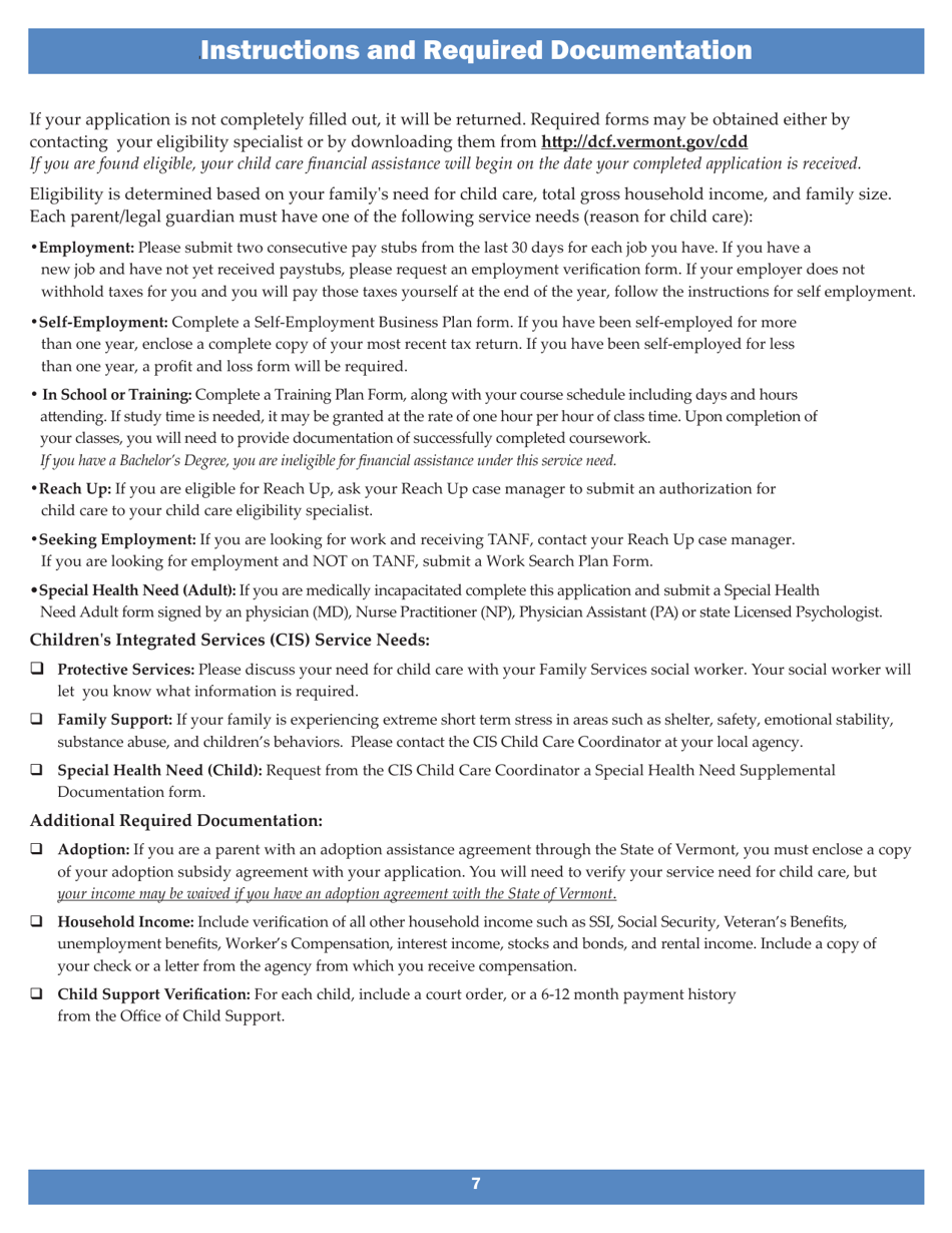 Application for Child Care Financial Assistance - Vermont, Page 7