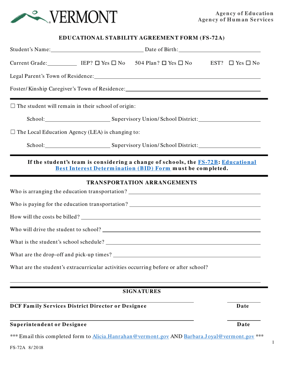Form FS-72A Educational Stability Agreement Form - Vermont, Page 1