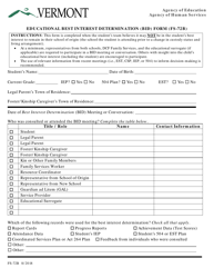 Form FS-72B Educational Best Interest Determination (Bid) Form - Vermont