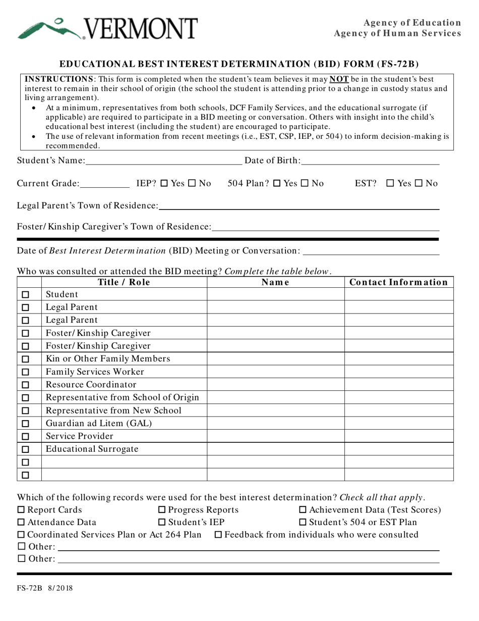 Form FS-72B Educational Best Interest Determination (Bid) Form - Vermont, Page 1