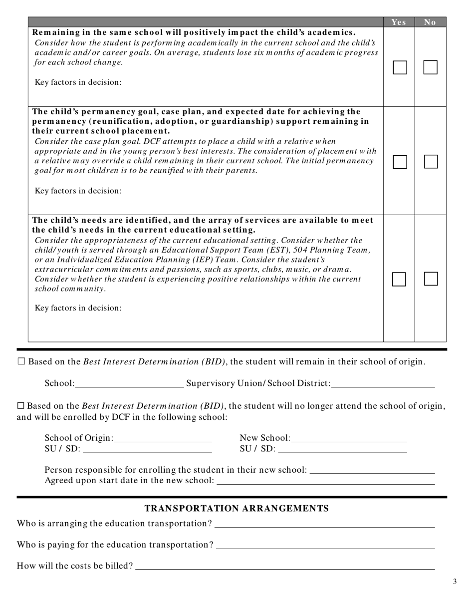 Form FS-72B Educational Best Interest Determination (Bid) Form - Vermont, Page 3