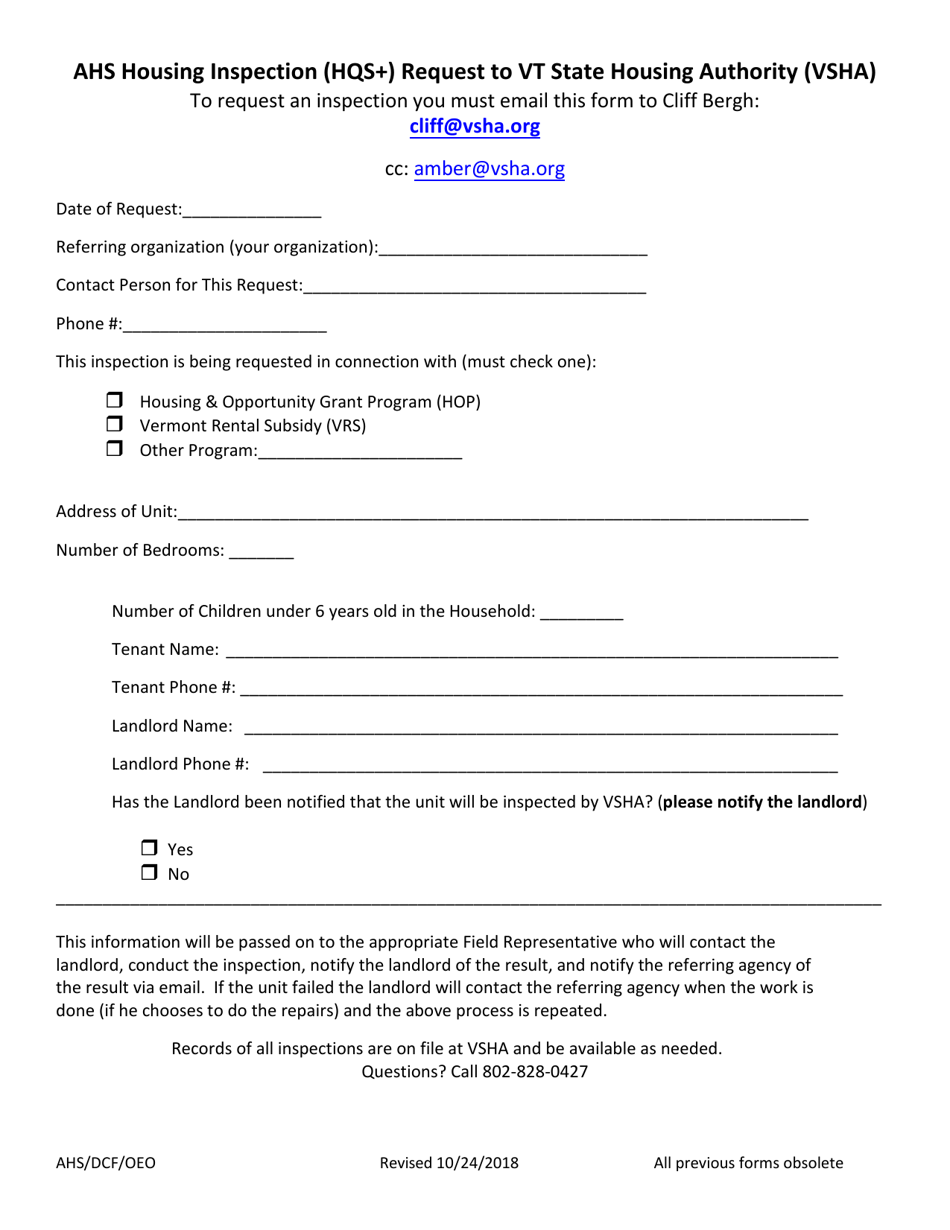 Ahs Housing Inspection (Hqs+) Request to Vt State Housing Authority (Vsha) - Vermont, Page 1