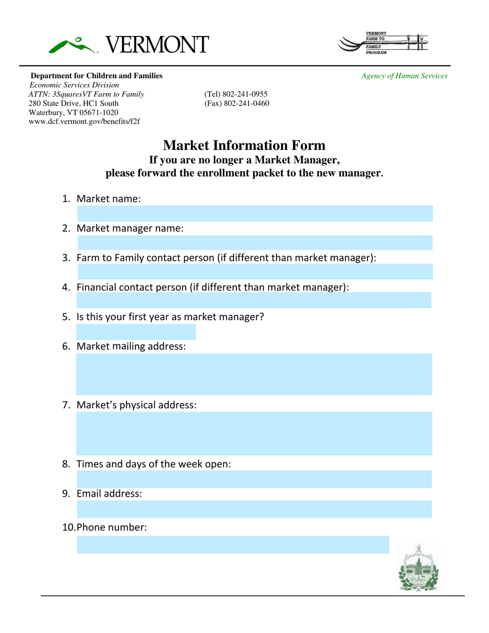 Market Information Form - Vermont, Page 1