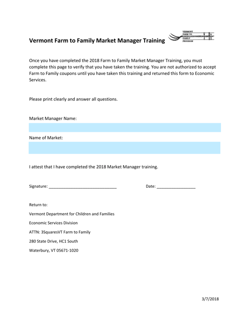 Vermont Farm to Family Market Manager Training - Vermont Download Pdf