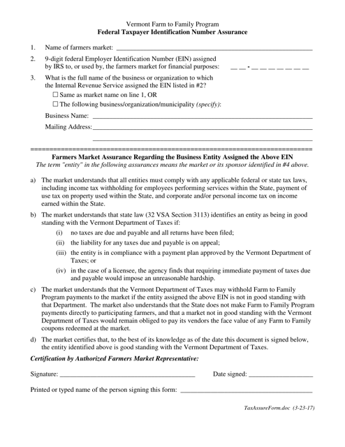 Federal Taxpayer Identification Number Assurance Form - Vermont Farm to Family Program - Vermont Download Pdf