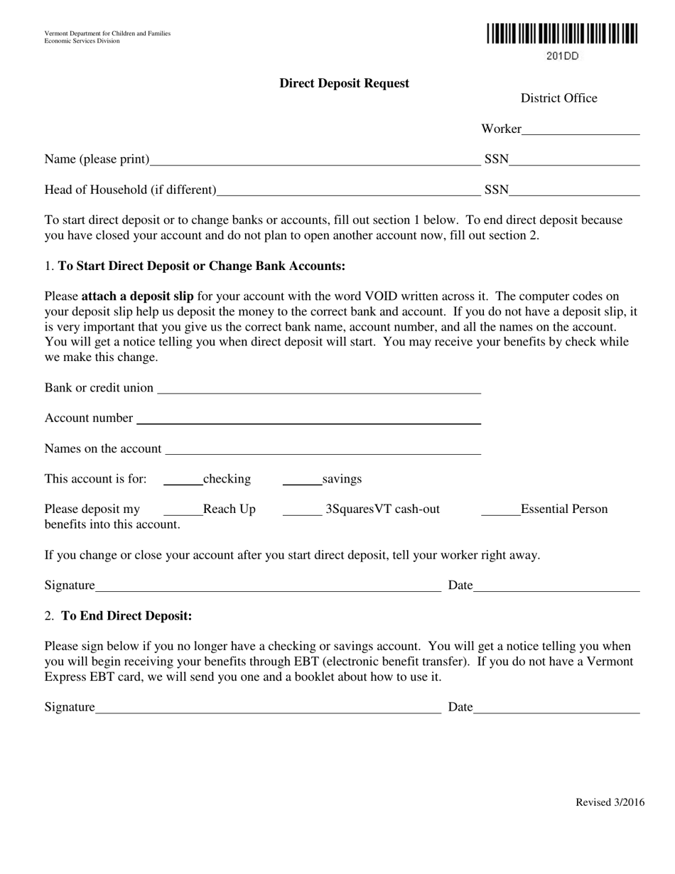 Form 201DD Direct Deposit Request - Vermont, Page 1