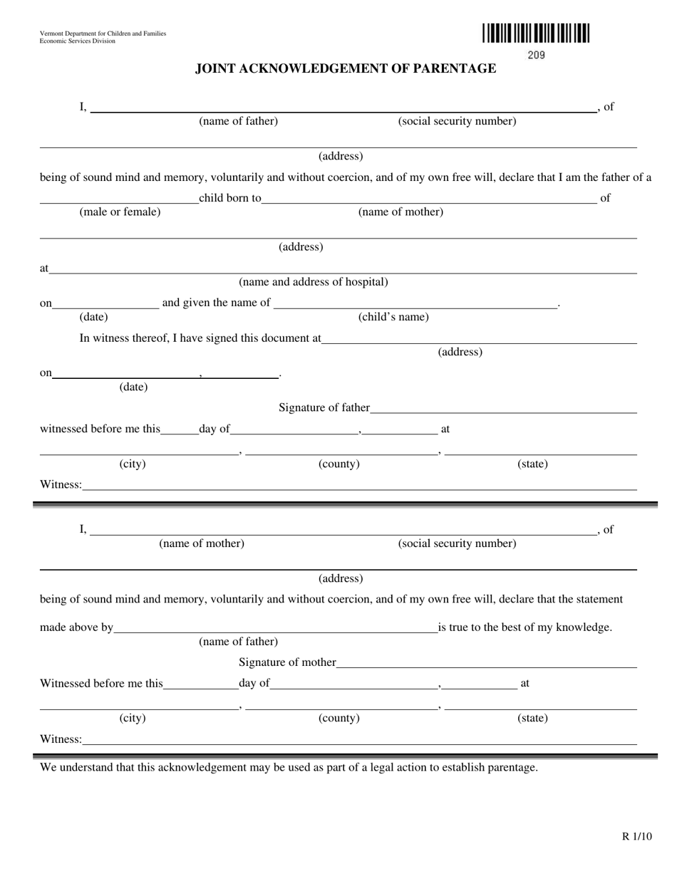 Form 209 Joint Acknowledgement of Parentage - Vermont, Page 1