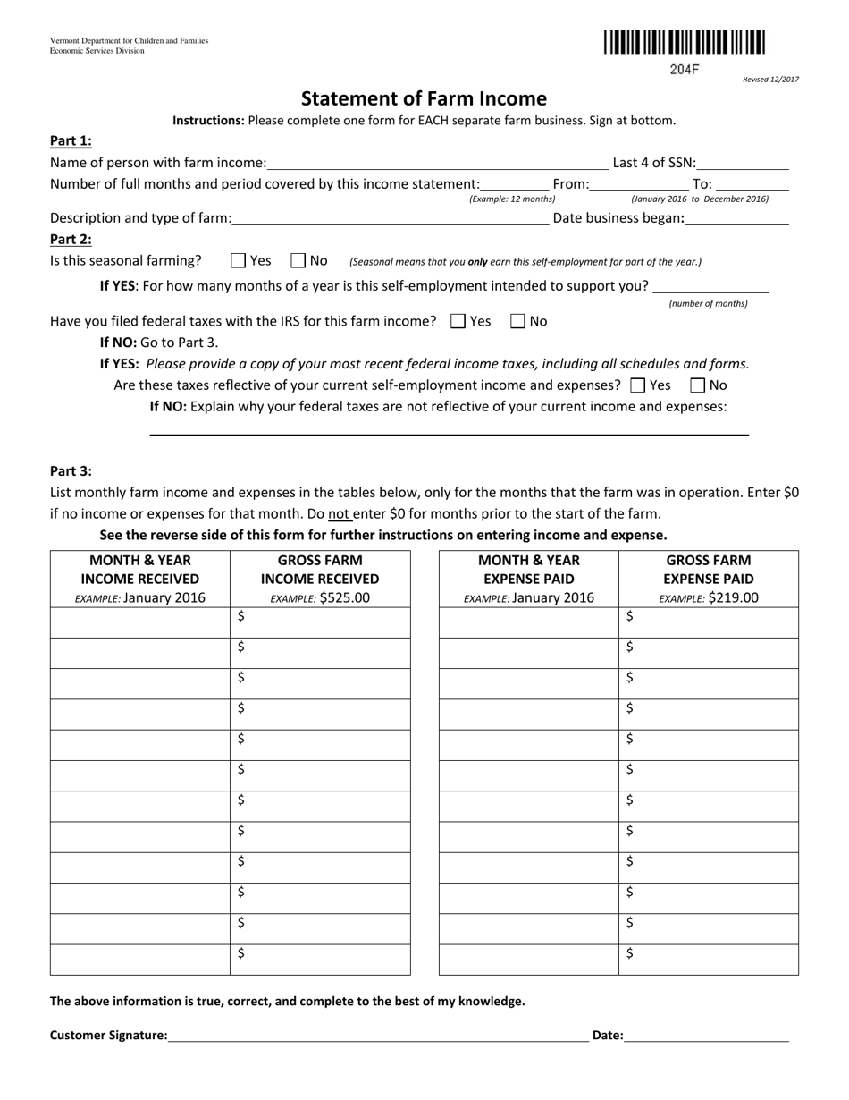 Form 204F Statement of Farm Income - Vermont, Page 1