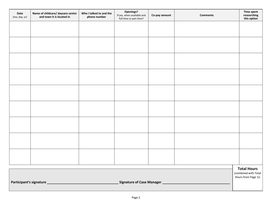 Form 603CCSL Childcare Search Log - Vermont, Page 2