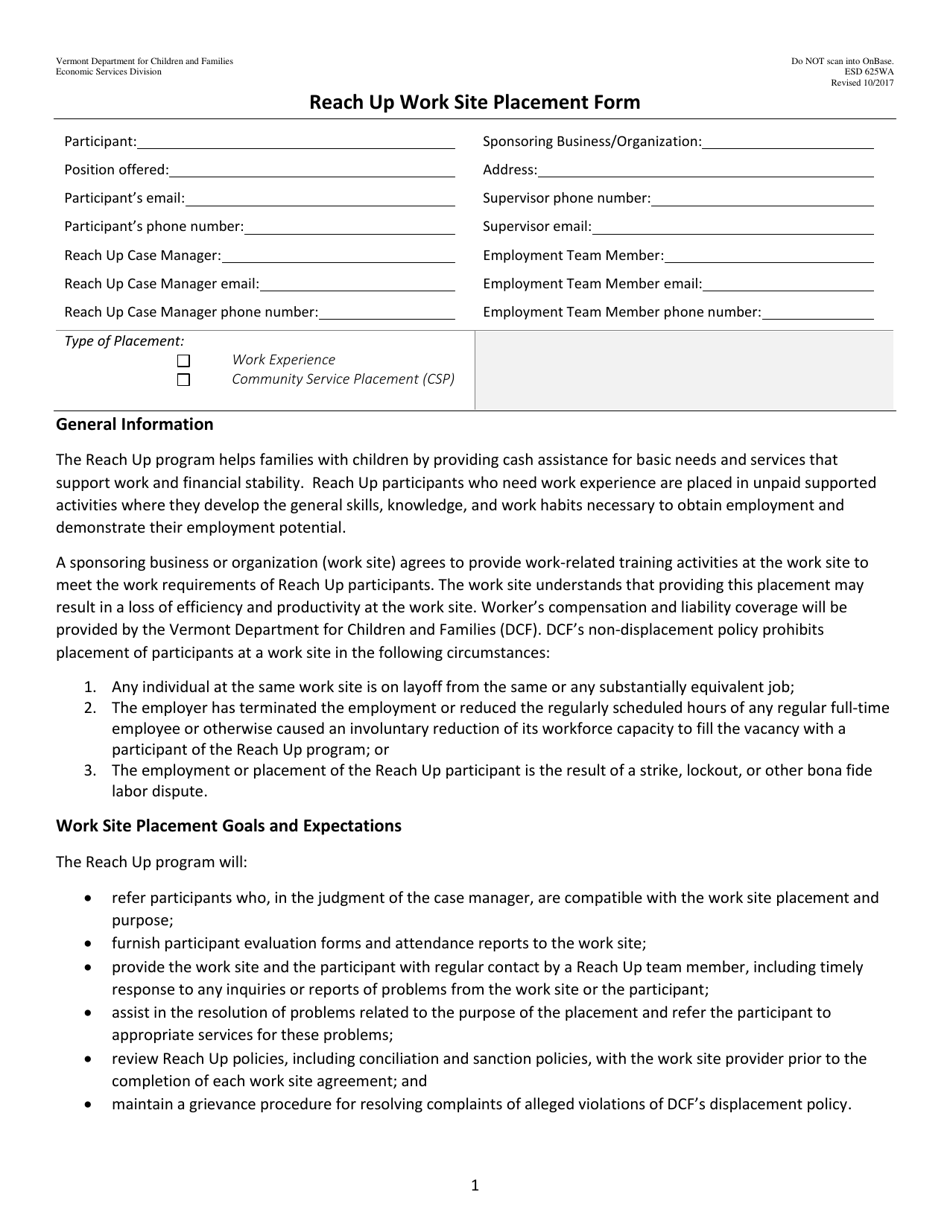 Form ESD625WA Reach up Work Site Placement Form - Vermont, Page 1