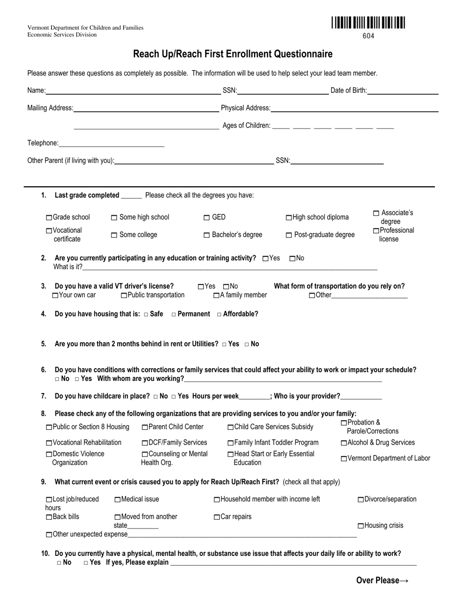 Form 604 Reach up / Reach First Enrollment Questionnaire - Vermont, Page 1