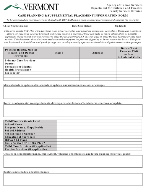 Case Planning & Supplemental Placement Information Form - Vermont Download Pdf