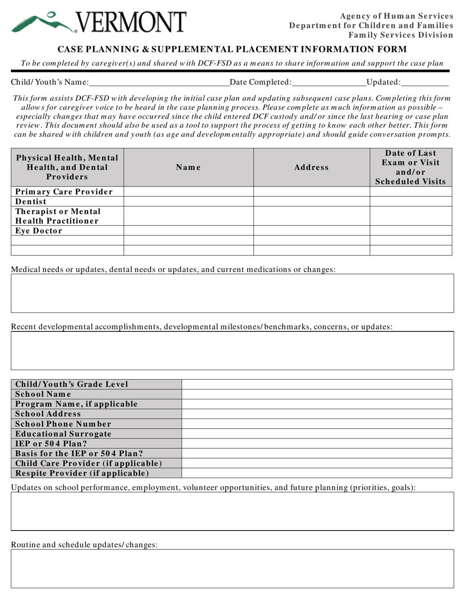 Vermont Case Planning & Supplemental Placement Information Form - Fill ...