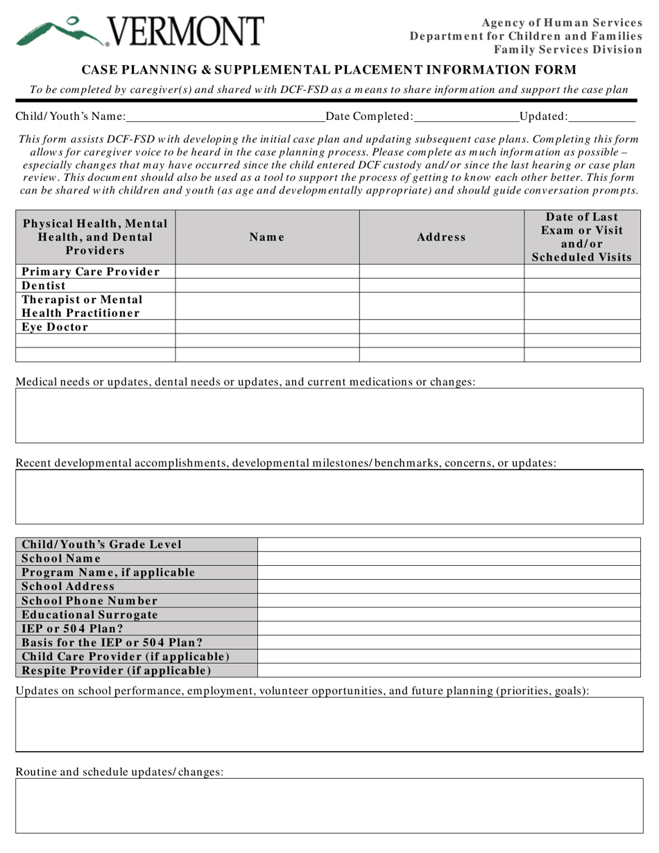 Case Planning  Supplemental Placement Information Form - Vermont, Page 1