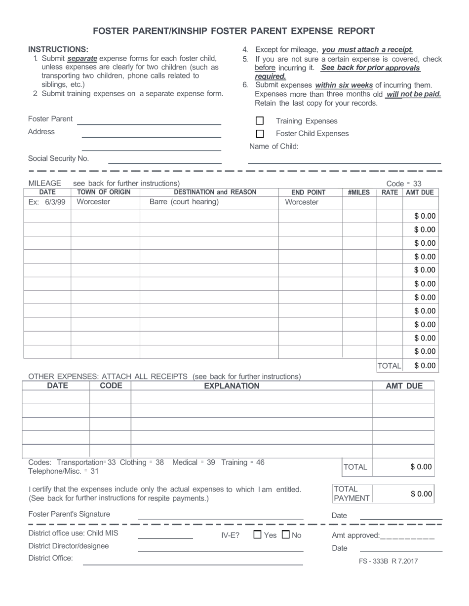 Form FS-333B Foster Parent / Kinship Foster Parent Expense Report - Vermont, Page 1