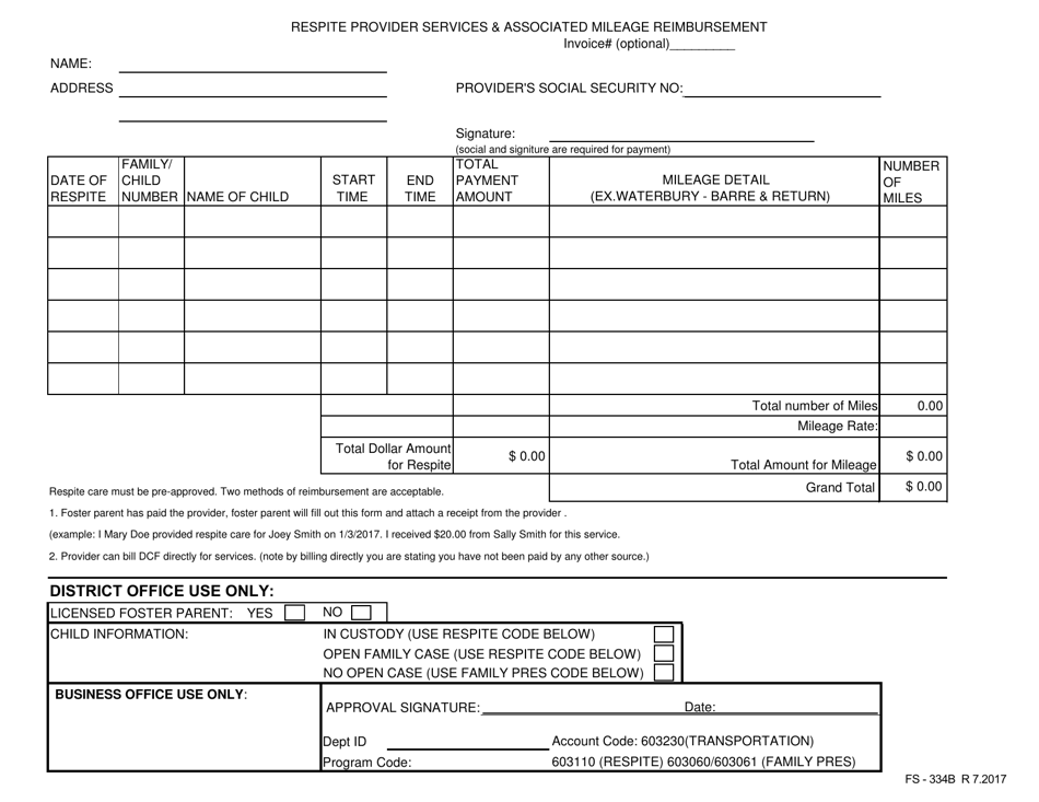 Form FS-334B Respite Provider Services  Associated Mileage Reimbursement - Vermont, Page 1