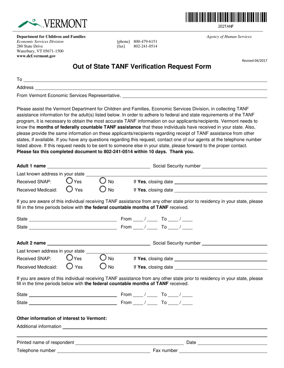 form 202tanf out state tanf verification request form vermont print big