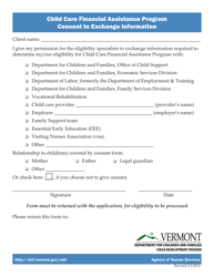 Document preview: Consent to Exchange Information - Child Care Financial Assistance Program - Vermont