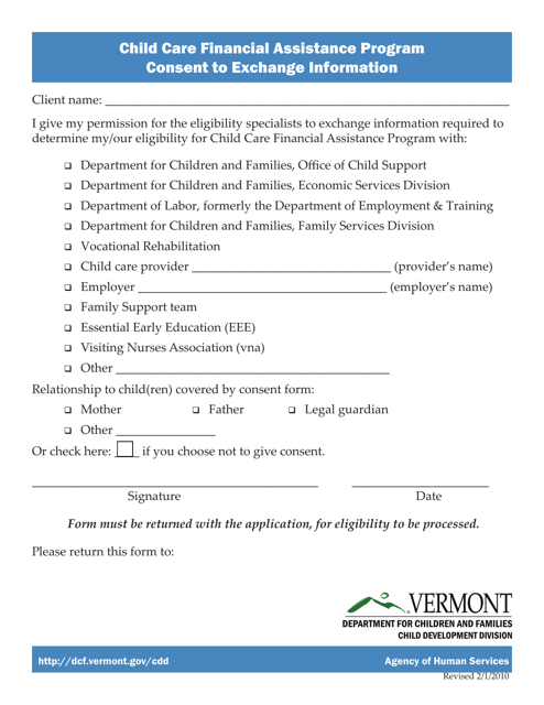 Consent to Exchange Information - Child Care Financial Assistance Program - Vermont Download Pdf