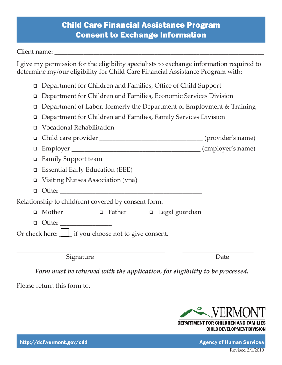 Consent to Exchange Information - Child Care Financial Assistance Program - Vermont, Page 1